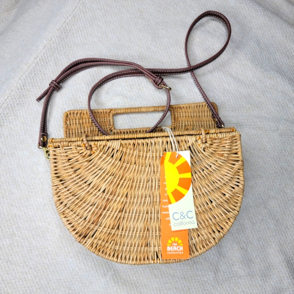 C&C California Half Moon Rattan Hand Bag Cross Body Purse Wicker Brown NEW NWT
